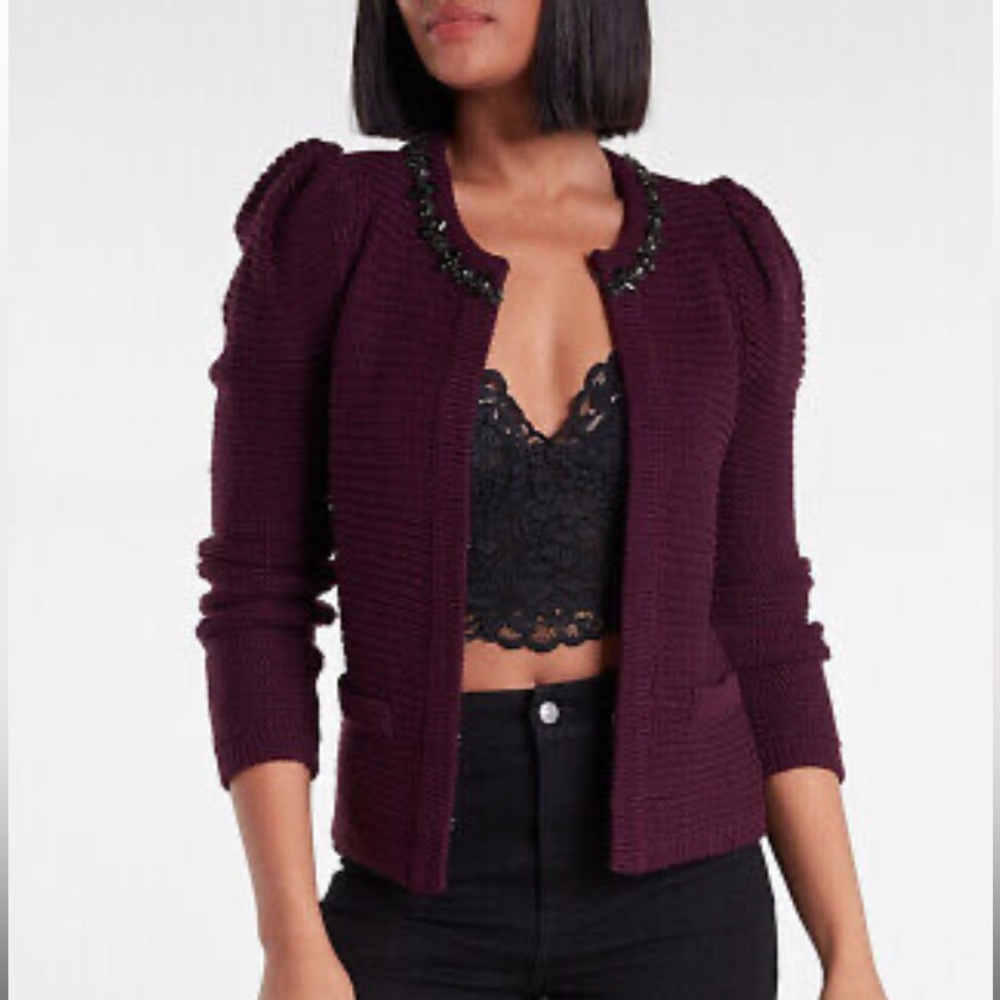 Brand New Express Purple Knitted Cardigan with Jewel Neckline